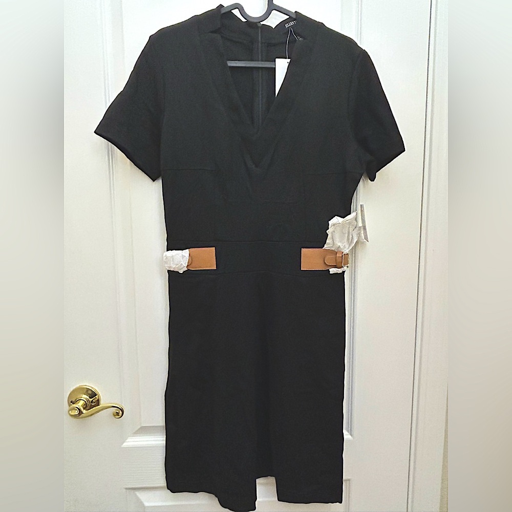 NWT Ellen Tracy Black Mini Dress Brown and silver accents size S chic minimalist